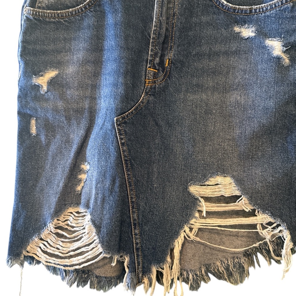 Current/Elliott Blue Denim Skirt Sz 26 Distressed Midi High Waisted 5 Pockets